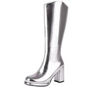 Stivali Alti al Ginocchio da Donna con Specchio Metallizzato,Stivali da Cavaliere con Punta Tonda Argento Oro Moda con Tacco Alto,Stivali Occidentali Sexy con Cerniera,Argento,37 EU