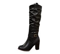 Stivali alti al ginocchio da donna con tacco a blocco, stivali da donna in pelle sexy - Stivali invernali alti da equitazione in pelle a pecora lunga, Nero , 39 EU