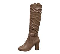 Stivali alti al ginocchio da donna con tacco a blocco, stivali da donna in pelle sexy - Stivali invernali alti da equitazione in pelle a pecora lunga, cachi, 37 EU