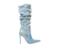 Stivali alti al ginocchio da donna in denim con punta a punta sottili tacchi a spillo con dettagli in strass di cristallo per un look vintage glam, As Pic Tacco 12 cm, 40.5 EU