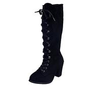 Stivali alti al ginocchio in pelle scamosciata vintage con tacco a blocco da donna punta rotonda incrociata lacci retrò stile medievale tacco medio stivaletti alti per abbigliamento quotidiano