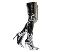 Stivali Alti alla Coscia da Donna con Punta a Punta Argento Metallizzato - Stivali con Tacco 12 cm per Serate Fuori e Natale,Argento,42 EU