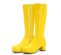 Stivali Alti Color Caramella Lucidi Donna,Stivali Cavallerizzo Zip Laterale per sfilate di Moda Casual,Stivali al Ginocchio Tacco Pelle Verniciata Sexy,Giallo,35 EU