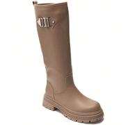 Stivali alti da donna color cachi con dettagli metallici e suola robusta con tacchi intagliati Afferma il tuo stile con cette montante kaki pour femme, concepisci per celles qui veulent associar éléga