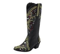 Stivali alti da donna da cowboy, impermeabili, a metà polpaccio, ricamati, stile western, con tacco basso, comodi e alla moda, con cuciture, stile retrò, per feste a tema, concerti di campagna, Nero