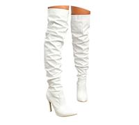 Stivali alti da donna impilati in ecopelle elasticità tacchi sopra il ginocchio Stivali con zip laterale Punta a punta Inverno Stiletto Stivali alti al ginocchio 2025, bianco, 37.5 EU