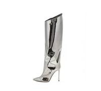 Stivali Alti da Donna in Pelle Verniciata con Tacco a Stiletto e Zip Laterale, Stivali di Moda Autunnali e Invernali per Matrimoni e FESTIVITÀ,Argento,42 EU