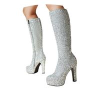 Stivali Alti Fino al Ginocchio con Plateau E Tacco A Blocco Boots Lunghi da Donna con Paillettes Stivali da Equitazione con Cerniera Laterale Tacchi Alti Caldi Invernali for Feste(Silver,43 EU)