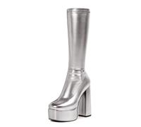Stivali Alti Fino al Ginocchio con Plateau e Tacco Spesso e Punta Quadrata da Donna, Stivali Alti in Similpelle Slip-on, Stivali alla Moda Autunno Inverno a metà Polpaccio,Argento,38 EU