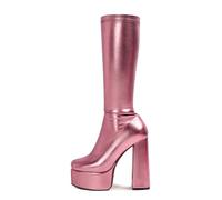 Stivali Alti Fino al Ginocchio con Plateau e Tacco Spesso e Punta Quadrata da Donna, Stivali Alti in Similpelle Slip-on, Stivali alla Moda Autunno Inverno a metà Polpaccio,Rosa,38 EU