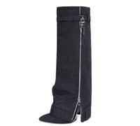Stivali Alti Fino al Ginocchio con Polpaccio Largo e Punta a Punta da Donna, Comodi Stivali in Jeans con Tacco Medio, Stivali alla Moda Autunno Inverno a metà Polpaccio,Nero,40 EU