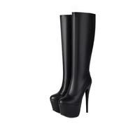 Stivali Alti Fino al Ginocchio con Punta Tonda e Plateau in Vernice da Donna, con Tacco Alto 15 cm, Stiletti, alla Moda, Autunno Inverno, Stivali a metà Polpaccio,Black 1,38 EU