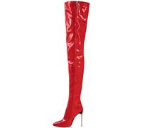Stivali alti fino alla coscia da donna, taglie forti, stivali sopra il ginocchio in PU artificiale, scarpe da ballo da donna, stivali alti fino al ginocchio da donna con cerniera laterale,Rosso,38