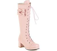Stivali Alti Giapponesi Stivali Stringati da Donna con Albero Lungo, Stivali Dolci con Fiocco, Stivali da Neve Caldi Autunno Inverno, Scarpe Lolita in Pelle Pu per Studenti con Tac, Pink, 7 UK