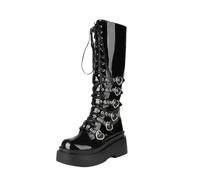 Stivali Alti In Stile Y2K Con Fibbia Stivali Stringati In Vernice PU Da Donna Boots Punk Con Plateau Stivali Lunghi Da Motociclista Con Cerniera Scarpe Invernali Con Zeppa Da 8 Cm(38 EU)