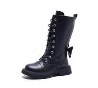 Stivali alti per ragazze con suola morbida e design elegante in pelle lunghi dettagli decorativi a nastro (b-Black, 33.5 Big Kids)