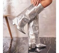 Stivali alti sopra il ginocchio in argento specchiato con rete di cristalli - design futuristico e spettacolare È un'ottima idea avere un tout accattivante per quanto riguarda avec leur finish, ultra-