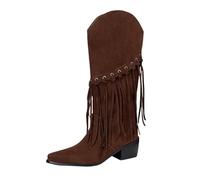 Stivali Alti Vintage Con Frange Boots Da Cowboy Western Da Donna Stivali Da Equitazione In Pelle Scamosciata Con Tacco A Blocco Scarpe Slip-on A Polpaccio Largo for Autunno Inverno(Brown,39 EU)