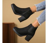 Stivali Chelsea eleganti neri in colore unito con cerniera laterale, tacco spesso e pelle scamosciata sintetica, abbinabili con abiti autunnali, da indossare con pantaloni, stivali da donna, tacco pla