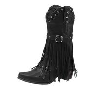 Stivali con frange, da donna, per autunno, frange, alla moda, eleganti, in tinta unita, con tacco a imbuto, per il tempo libero, con fibbie, 37-41 EU, Nero , 39.5 EU