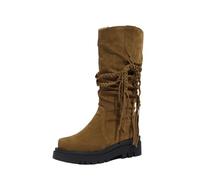Stivali Con Plateau A Metà Polpaccio Boots Da Cowboy Western Retrò Con Frange Stivali Da Neve Lunghi In Pelle Scamosciata Caldi For Autunno E Inverno Scarpe Casual Slip-on Da Donna(Brown,35 EU)