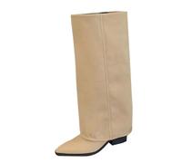 Stivali con plateau da donna, stivali alti da donna, con tacco a punta, tacco a blocco, in pelle verniciata, eleganti per feste, stivali lunghi, tinta unita, versatili, per uscire, cachi, 37.5 EU