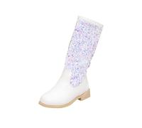 Stivali da bambina con paillettes scintillanti al ginocchio alla caviglia per bambini moda compleanno concorso impermeabile leggero scarpe suola in gomma antiscivolo scarpe, bianco, 32 EU