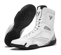 Stivali da Boxe Professionali Alti Suola Resistente Antiscivolo ammortizzati Supporto Caviglia Scarpe Leggere per Allenamento e Lotta,Bianca,46 EU