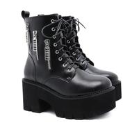 Stivali da Combattimento da Donna con Plateau a Punta Tonda con Tacco Largo da 8 cm - Stivaletti per la Moda Autunnale, Perfetti per l'equitazione, Date di Viaggio,Nero,39 EU