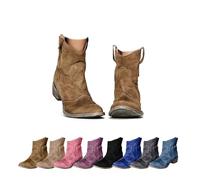 Stivali da cowboy alla caviglia da donna, tacco basso morbido punta rotonda slip on camoscio stivali corti, stivaletti classici alla moda retrò con tacco grosso, Marrone, 43.5 EU