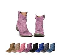 Stivali da cowboy alla caviglia da donna, tacco basso morbido punta rotonda slip on camoscio stivali corti, stivaletti classici alla moda retrò con tacco grosso, Viola, 38 EU