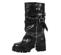 Stivali da cowboy con dettagli e pieghe, stivaletti europei con punta rotonda e tacco grosso, stivaletti alla moda, stivali western da donna, Nero , 37.5 EU