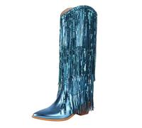 Stivali da cowboy con frange da donna, stivali alti al ginocchio da donna con tacco grosso e paillettes scintillanti stivali a punta con suola antiscivolo Streetwear scarpe causali per serate fuori ed