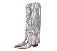 Stivali da cowboy con frange da donna, stivali alti al ginocchio da donna con tacco grosso e paillettes scintillanti stivali a punta con suola antiscivolo Streetwear scarpe causali per serate fuori ed