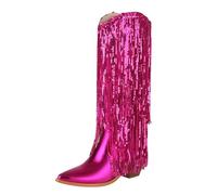 Stivali da cowboy con frange da donna, stivali alti al ginocchio da donna con tacco grosso e paillettes scintillanti stivali a punta con suola antiscivolo Streetwear scarpe causali per serate fuori ed