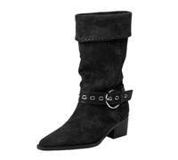 Stivali da cowboy da donna, a metà polpaccio, con tacco largo basso, chiusura laterale con zip laterale, stile moto, punta rotonda classica, stivali occidentali alla moda, Nero , 37 EU
