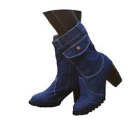 Stivali da cowboy da donna a metà polpaccio moda casual denim western cowboy grosso blocco tacco alto stivali a metà polpaccio punta rotonda tinta unita antiscivolo piattaforma tasca laterale pull-on