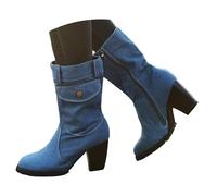 Stivali da cowboy da donna a metà polpaccio moda casual denim western cowboy grosso blocco tacco alto stivali a metà polpaccio punta rotonda tinta unita antiscivolo piattaforma tasca laterale pull-on