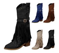 Stivali da cowboy da donna con frange stivali alti al ginocchio con tacco a blocco grosso retrò stivali western metà largo polpaccio stivali cowgirl hippie nappe stivaletti per costume stivaletti