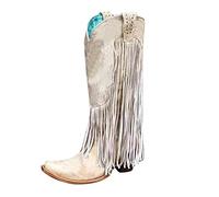 Stivali da cowboy da donna con tacco a imbuto - Stivali sopra il ginocchio - Stivali da motociclista frange western a punta alta al ginocchio vintage stivali da equitazione antiscivolo, B01 Beige, 39