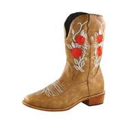 Stivali da cowboy da donna in stile occidentale, metà largo, con ricamo floreale, punta a tagliente, stivali autunnali da donna, Marrone, 36.5 EU