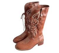 Stivali da cowboy da donna in stile western, a metà polpaccio, ricamati, con grafica etnica, con lacci, stivali autunnali da donna, Marrone, 37.5 EU