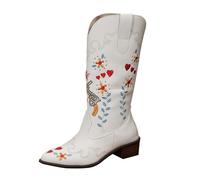 Stivali da cowboy da donna in stile western, metà largo, polpaccio con ricamo floreale, punta appuntita, stivali autunnali da donna, bianco, 37 EU