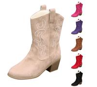 Stivali da cowboy da donna, tacco a blocco grosso, senza lacci, stile retrò, a punta, da concerto, matrimonio, polpaccio largo, stivali da cowgirl occidentali, scarpe da equitazione ricamate, scarpe