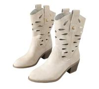 Stivali da Cowboy in Pelle Scamosciata Stivaletti Scavati Tradizionali da Donna Scarpe Slip-on con Tacco Largo Stivali Corti Medievali retrò Stivali Western di Media Altezza(36 EU)