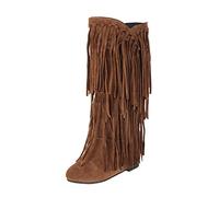 Stivali da cowboy per le donne con nappe invernali in pelle scamosciata piatta stivali a metà polpaccio tacco grosso stivali con frange scarpe di media lunghezza polpaccio largo moda stivali da