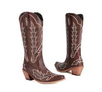 Stivali Da Cowboy Per Le Donne Stivali alti fino al ginocchio da donna, alla moda, con punta quadrata, ricamati, autunno inverno, stivaletti cowboy western, scarpe di grandi dimensioni(Brown,44)