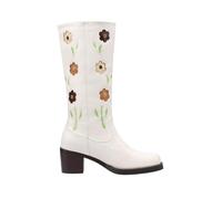 Stivali Da Cowboy Western Con Punta Quadrata Stivali Retrò Da Donna A Metà Polpaccio Con Ricami Floreali Stivaletti In Pelle PU Con Tacco A Blocco Scarpe Alla Caviglia For Concerti(White,43 EU)