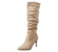 Stivali da donna a metà lunghezza plissettata sottile lunghezza al ginocchio solido con tacchi più alla moda autunno, cachi., 41 EU