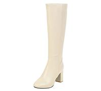 Stivali da donna a punta con tacco a blocco, stivali alti al ginocchio da donna con tacco medio, eleganti scarpe lunghe formali da donna, stivali da equitazione sintetici in rilievo, Beige, 39 EU